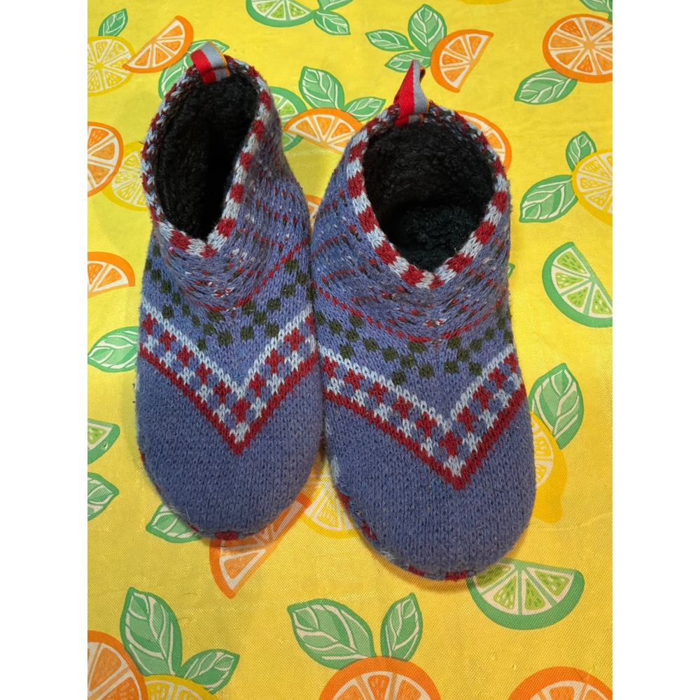 Bombas Fair Isle Knit Slipper Socks Youth 11-13 Blue Red cozycore